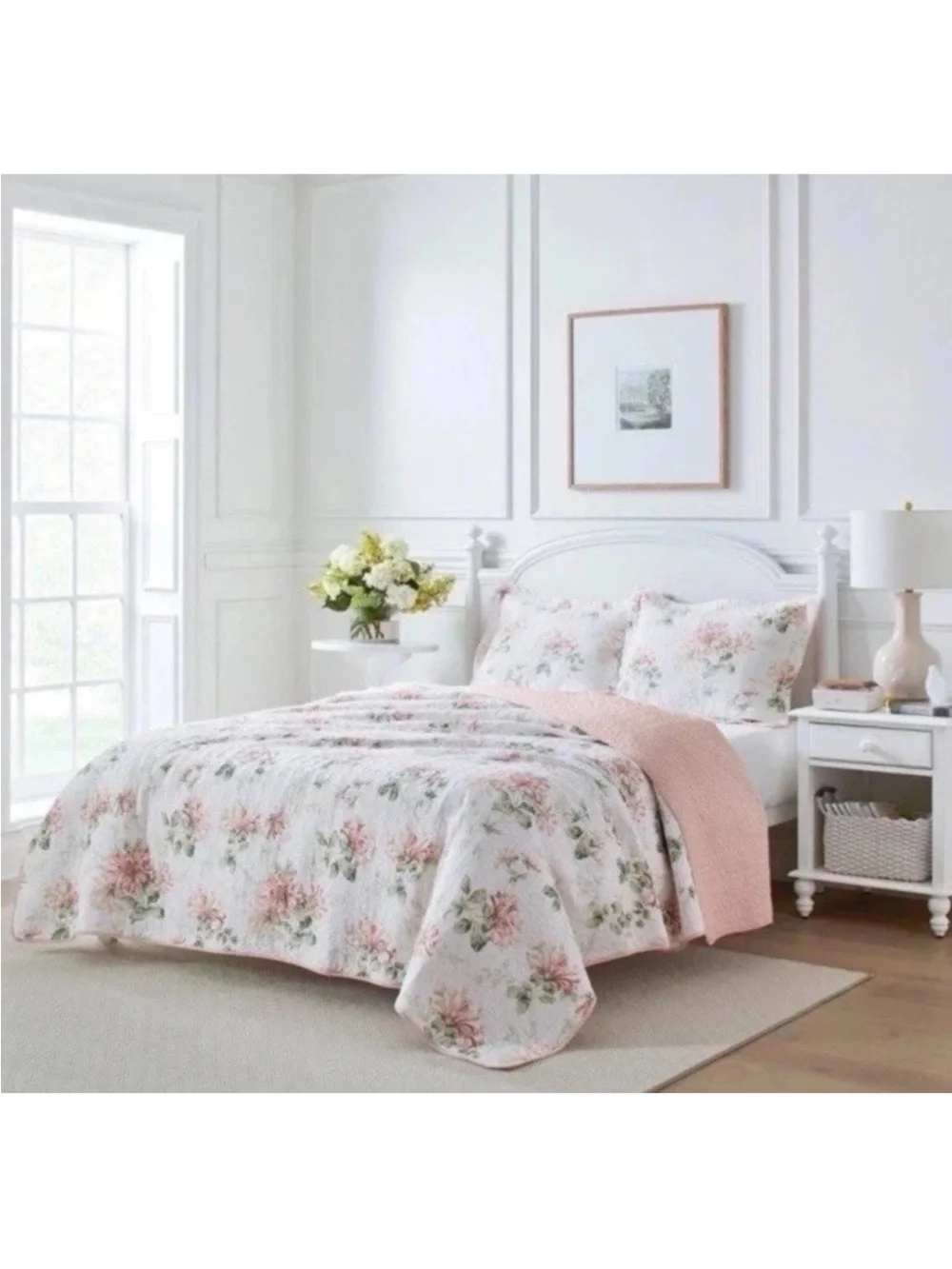 Laura Ashley FULL/QUEEN Honeysuckle Pink Floral Reversible Quilt Set Floral 3PC
